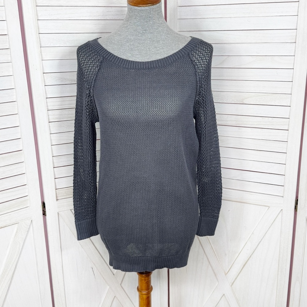 Caslon Open Mesh Fishnet Tunic Sweater Grey Large Pullover Long Sleeve